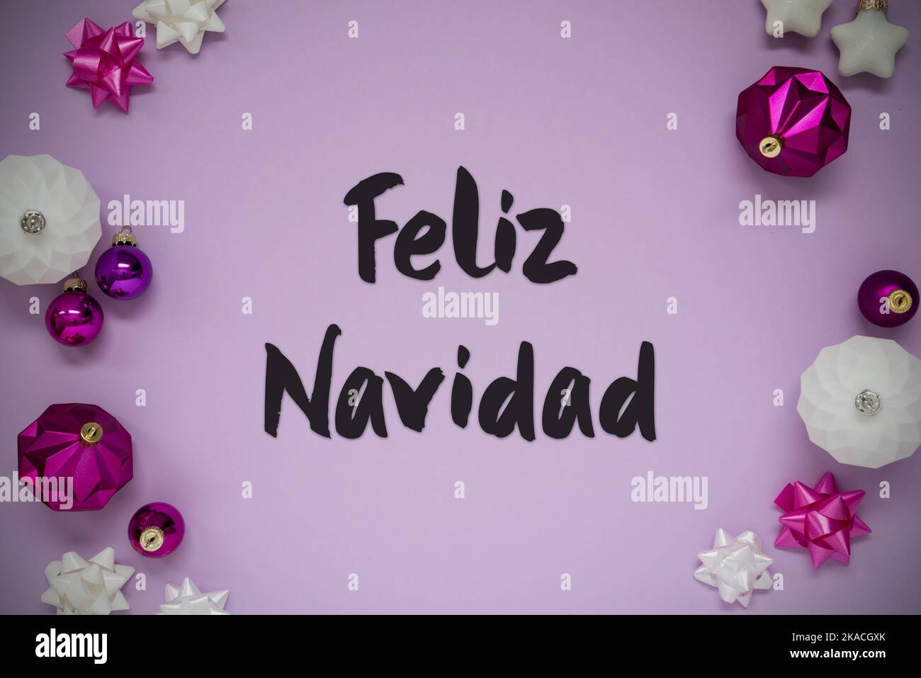 Purple Christmas Background, Feliz Navidad Means Merry Christmas, Flat Lay Stock Photo