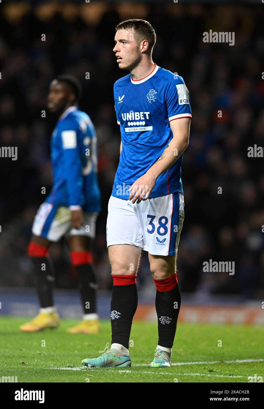 Glasgow, Scotland, 1st November 2022.   Leon King of Rangers during the UEFA Champions League match at Ibrox Stadium, Glasgow. Picture credit should read: Neil Hanna / Sportimage Stock Photo