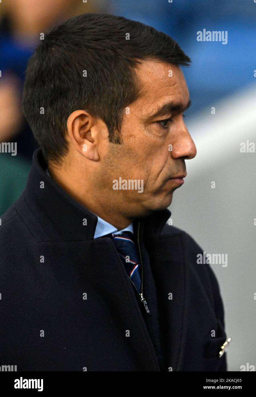 Glasgow, Scotland, 1st November 2022.   Rangers Manager Giovanni van Bronckhorst during the UEFA Champions League match at Ibrox Stadium, Glasgow. Picture credit should read: Neil Hanna / Sportimage Stock Photo