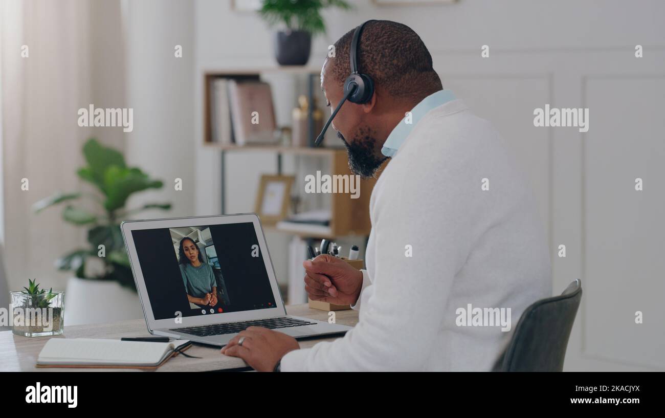 Video call, work from home and business people with laptop screen for virtual meeting, communication and collaboration at office desk. Global employee Stock Photo
