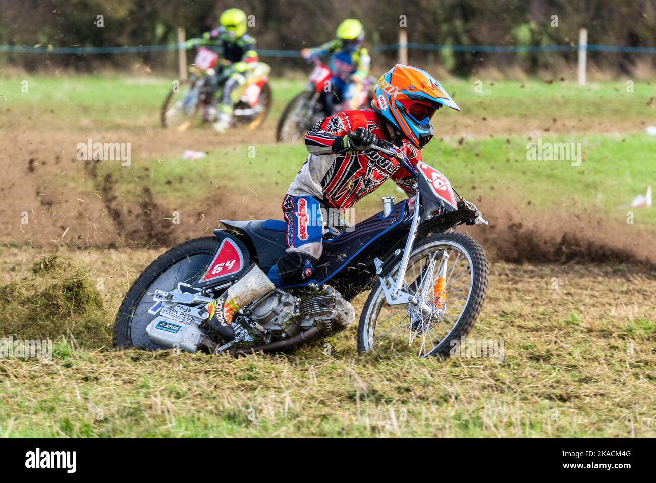 Max Bloomfield racing in grasstrack motorcycle race. Donut Meeting