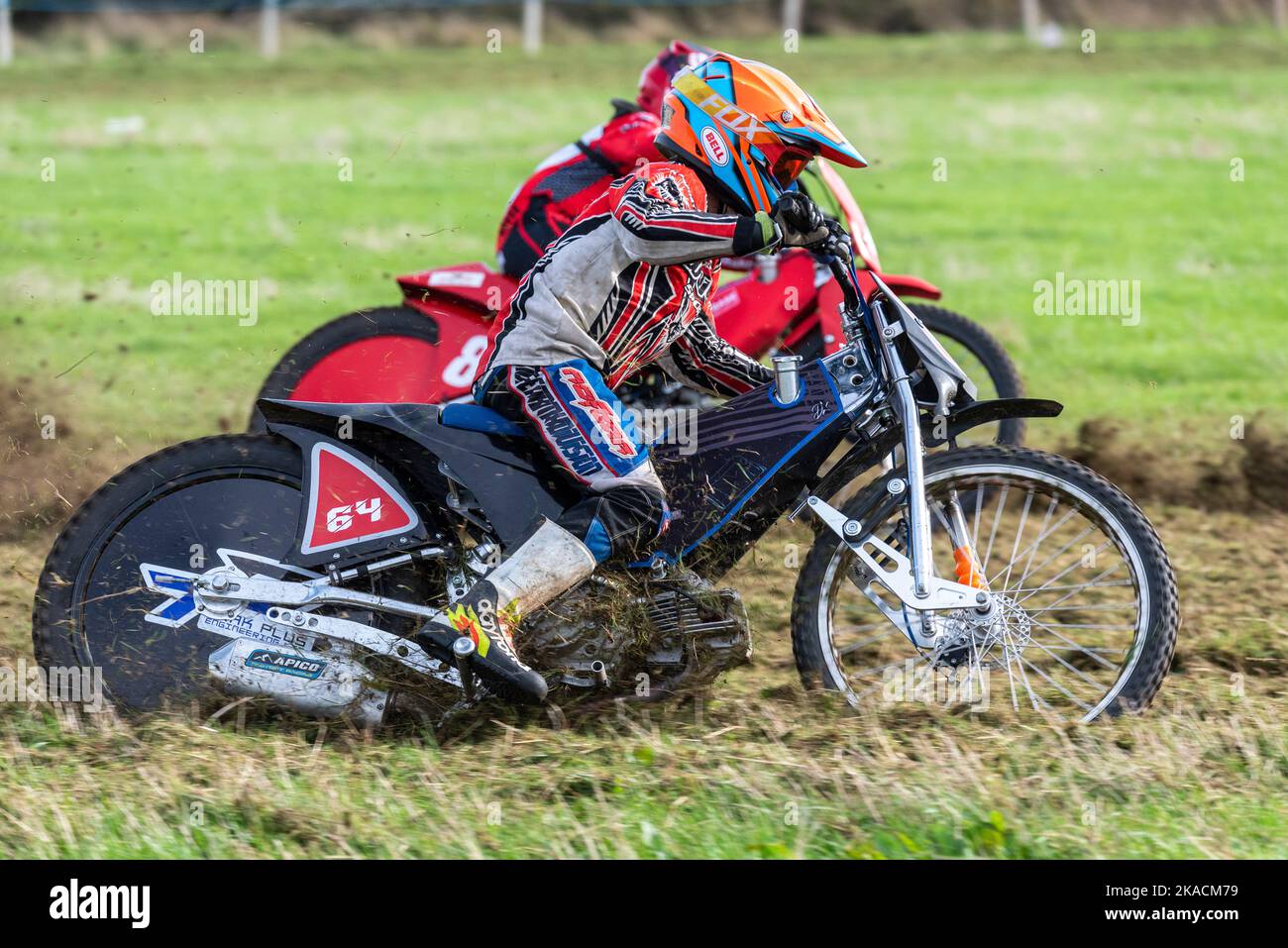 Max Bloomfield racing in grasstrack motorcycle race. Donut Meeting