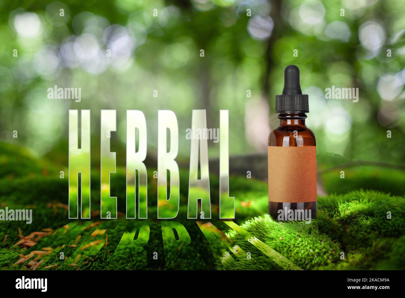 Medicine bottle on moss. Nature background, mock-up and alternative medicine concept - 'herbal' lettering. Empty label. Stock Photo