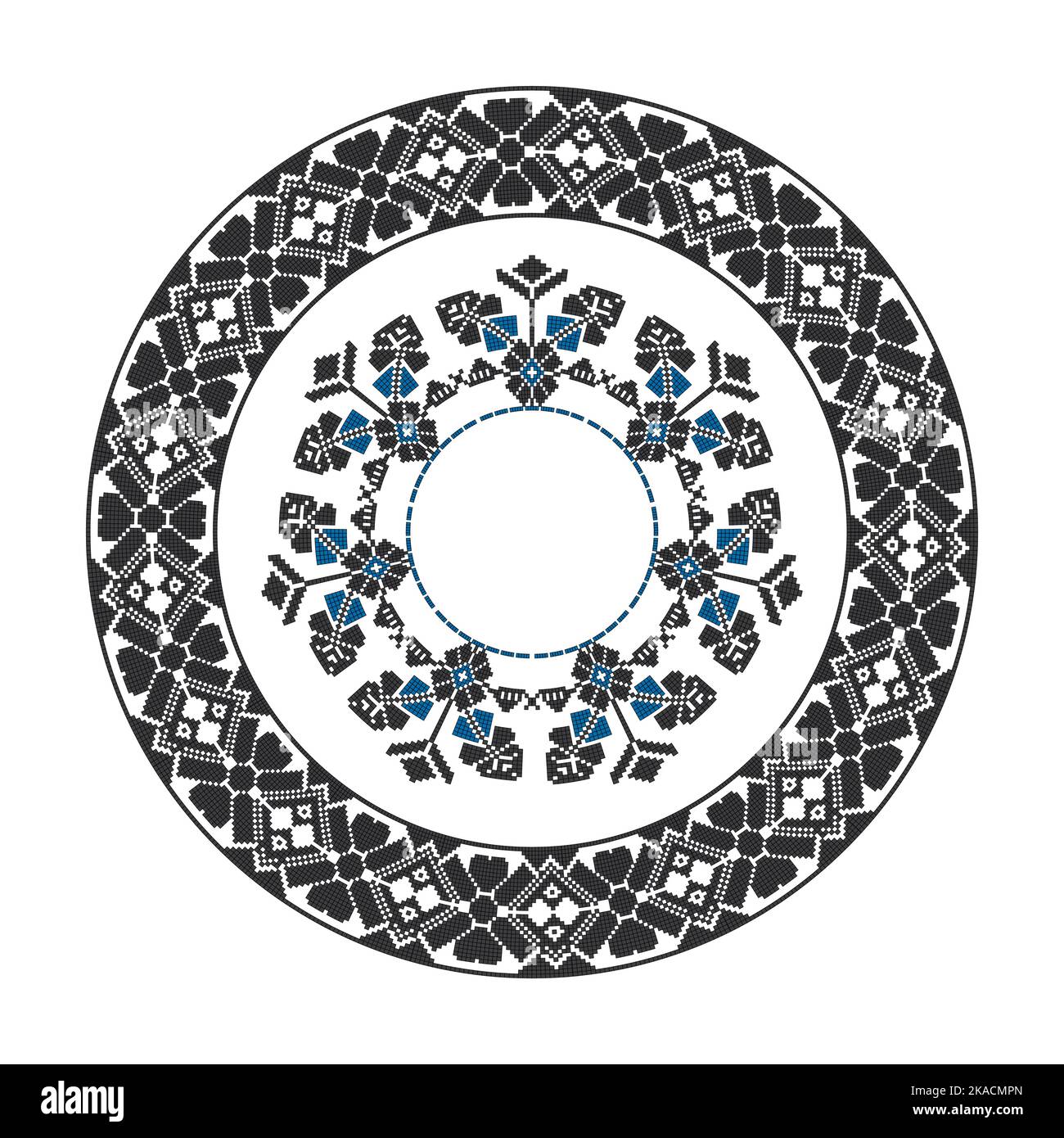 Round frame with ethnic blue and black pattern. Stock Vector