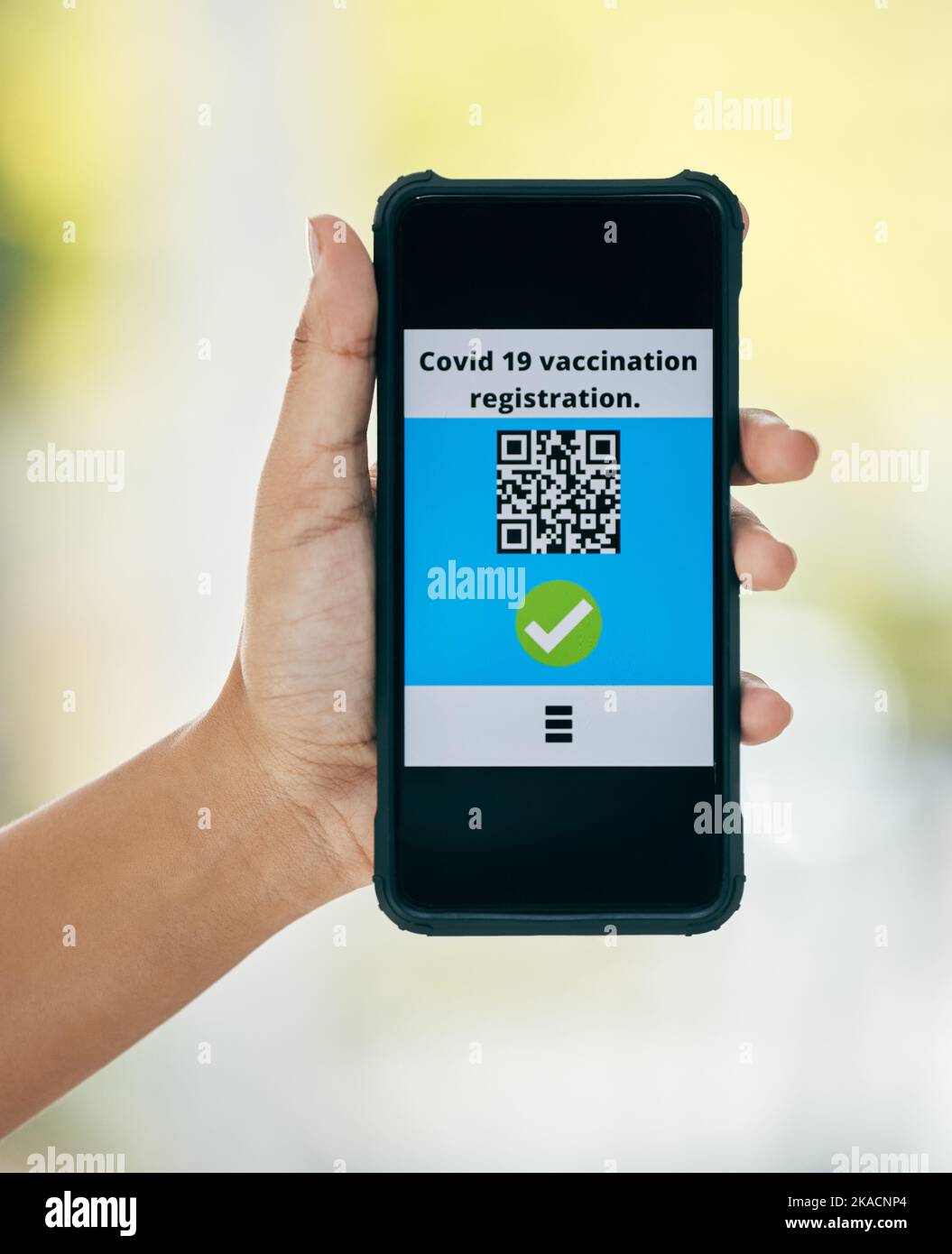 Hand, vaccination and qr code on app on a phone for registration for travel safety or protection. Covid vaccine, barcode and digital certificate on Stock Photo