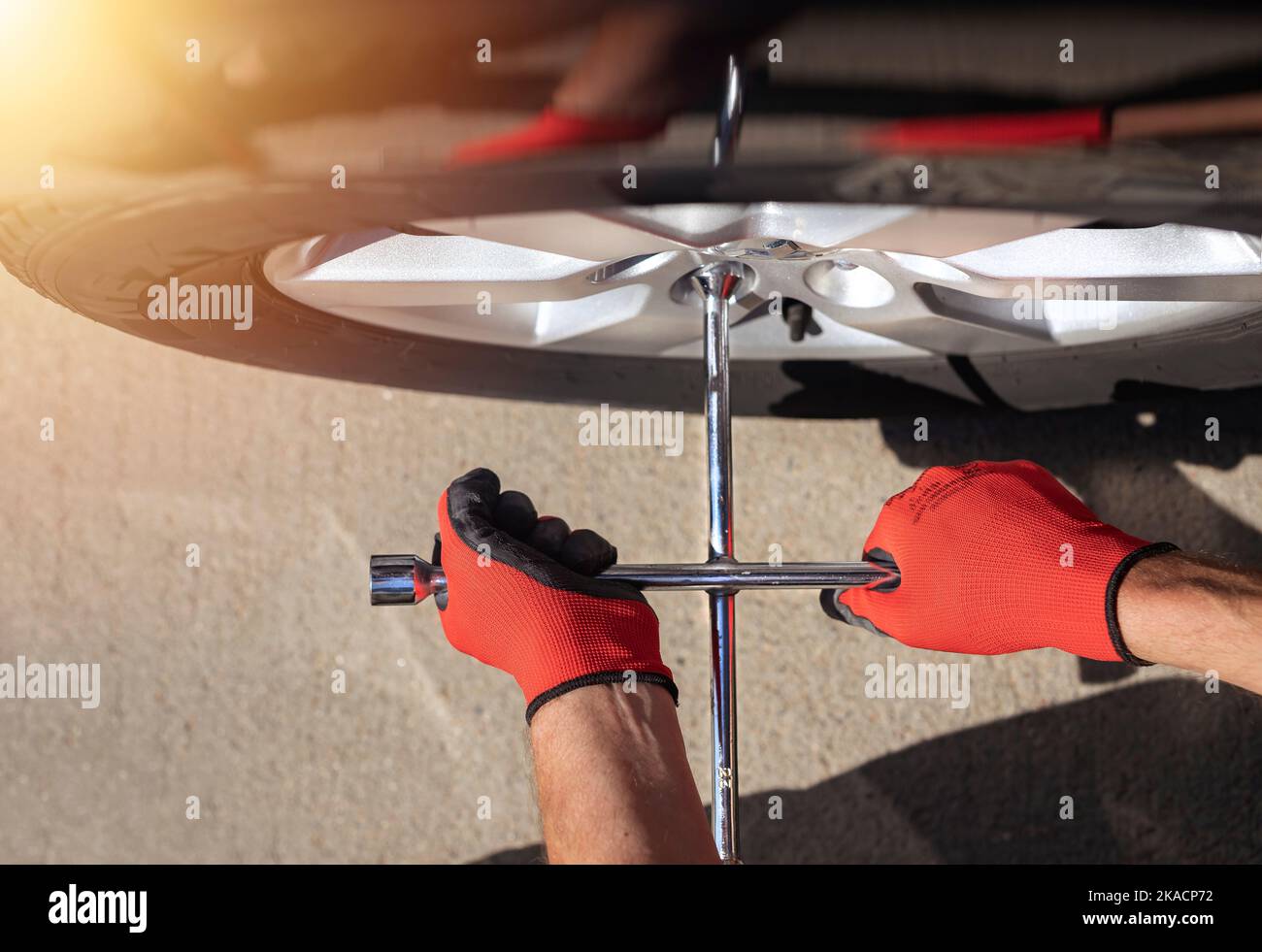 Top view of fixing, inspection and checking wheel tire of car with