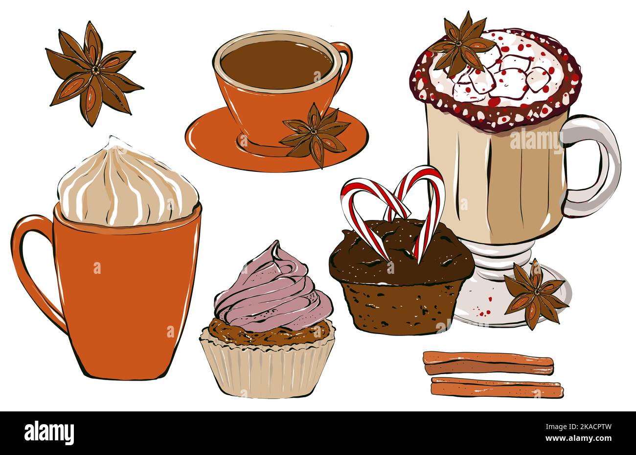 Set of coffee cups with coffee and sweet foam. Hand drawing