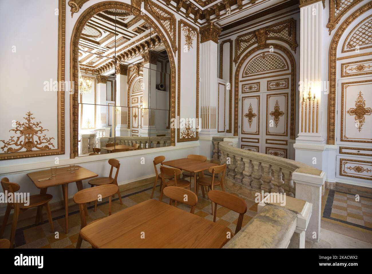 Cafe or Restaurant with Neoclassical Baroque Interior, Auberge des Dauphins (1930) (based on Petit Trianon Versailles) in Saou Forest Drôme France Stock Photo