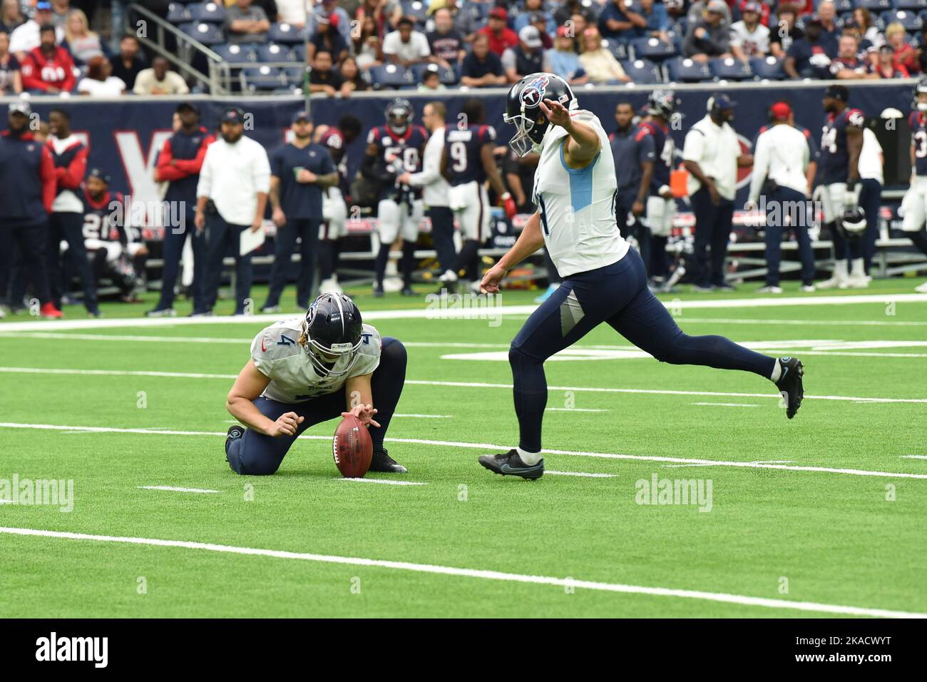 Tennessee Titans place kicker Randy Bullock (14) misses on a 48 yard field goal attempt in the second quarter of the NFL Football Game between the Ten Stock Photo