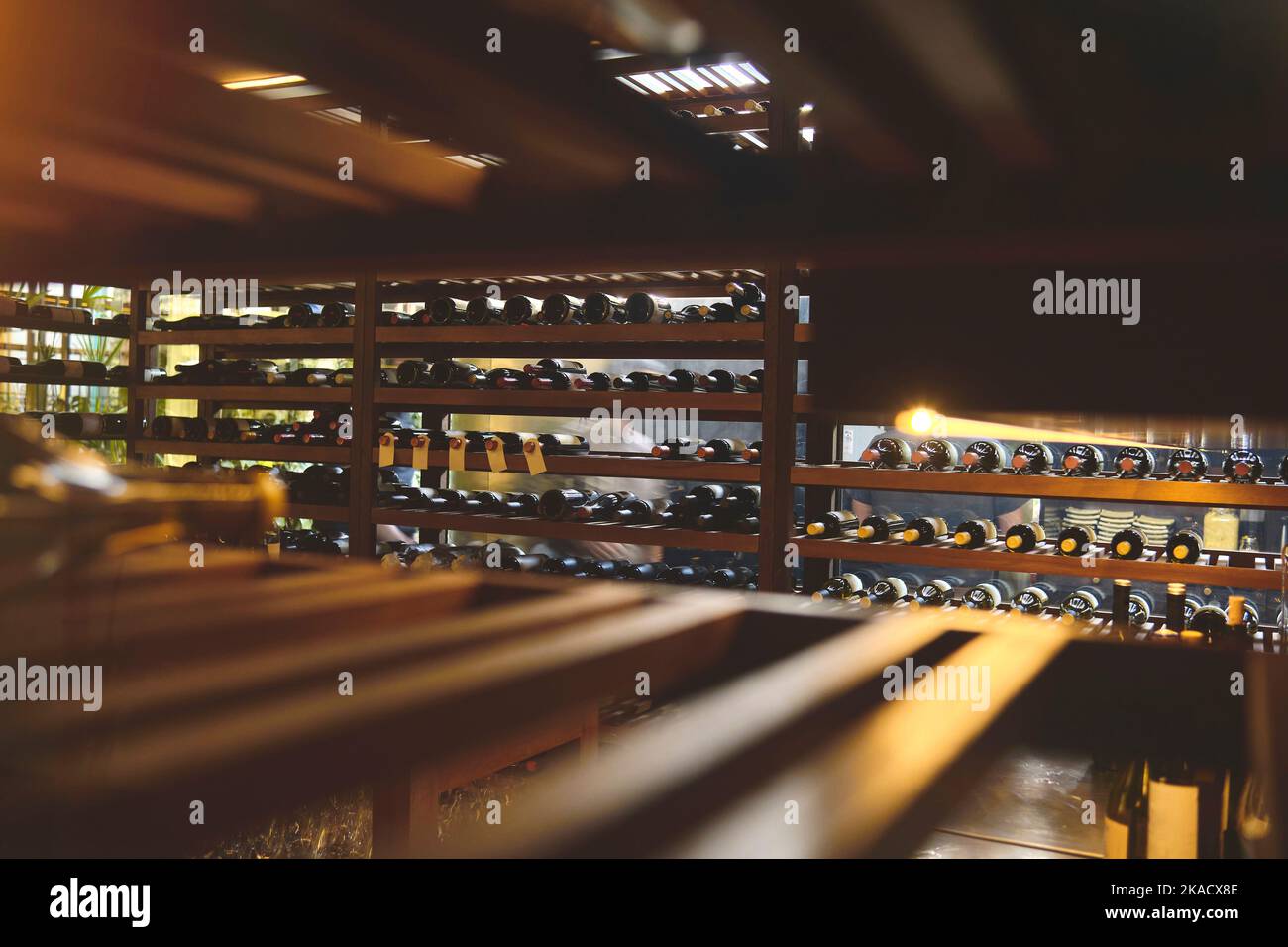 Storing bottles of wine in fridge. Cooling and preserving wine