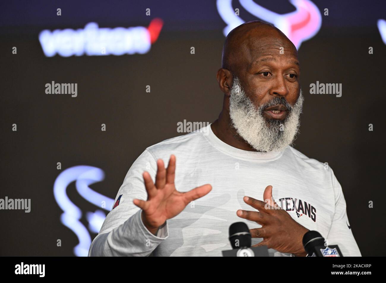 Houston Texans head coach Lovie Smith addresses the media after the NFL Football Game between the Tennessee Titans and the Houston Texans on Sunday, O Stock Photo