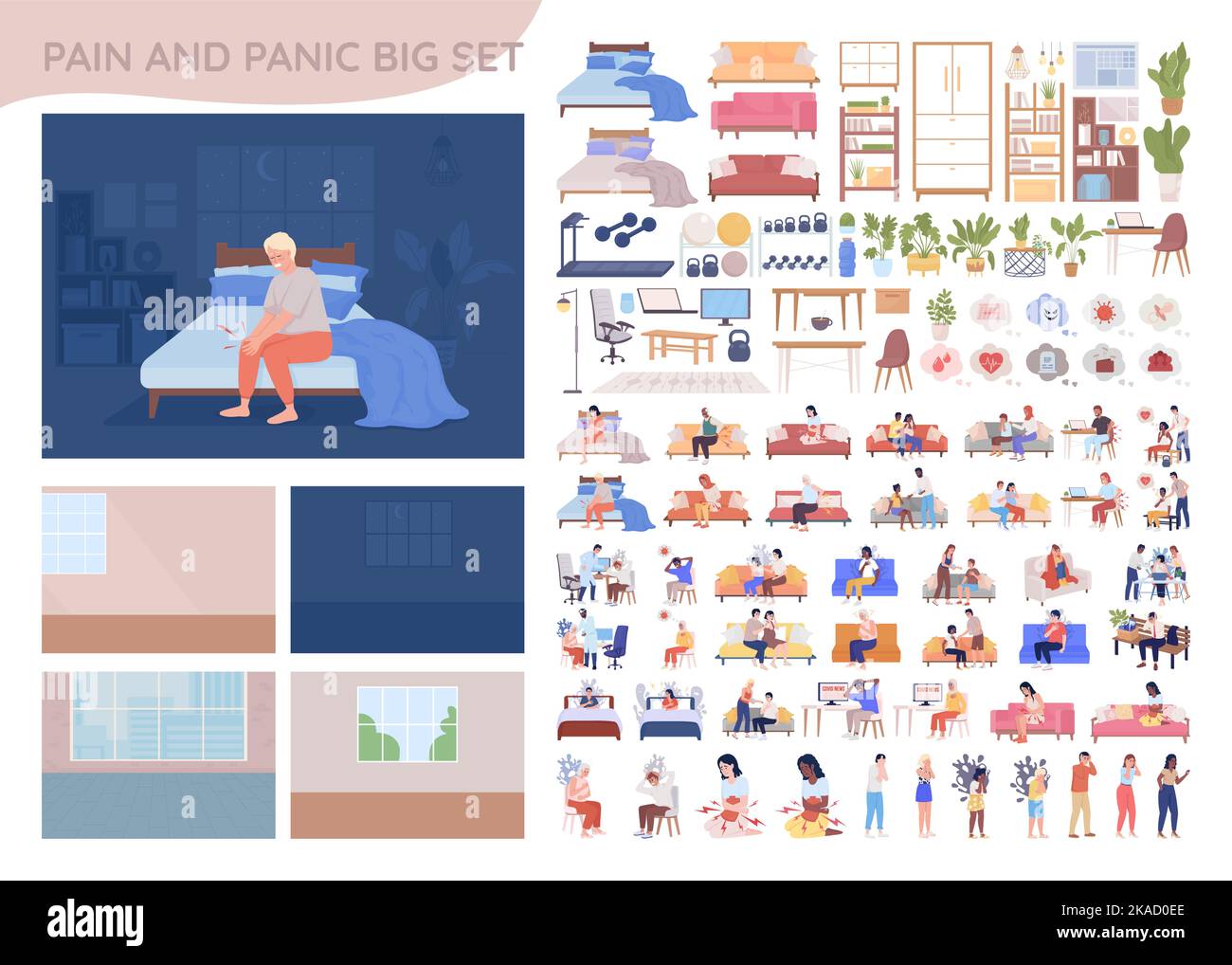 Pain and panic 2D vector isolated illustrations big set Stock Vector