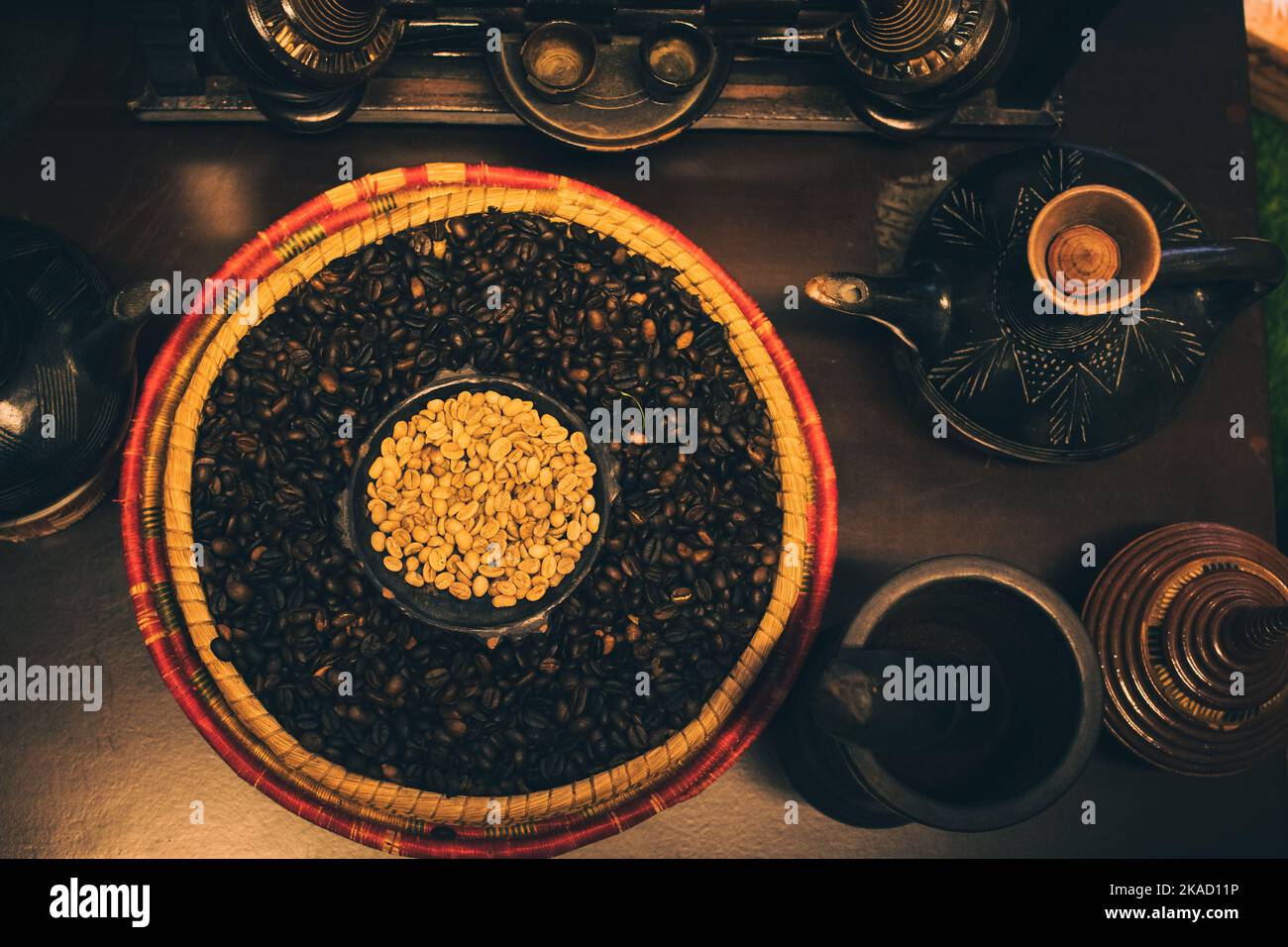 Dubai, UAE 12th october, 2022 top view raw and roasted arabic coffee