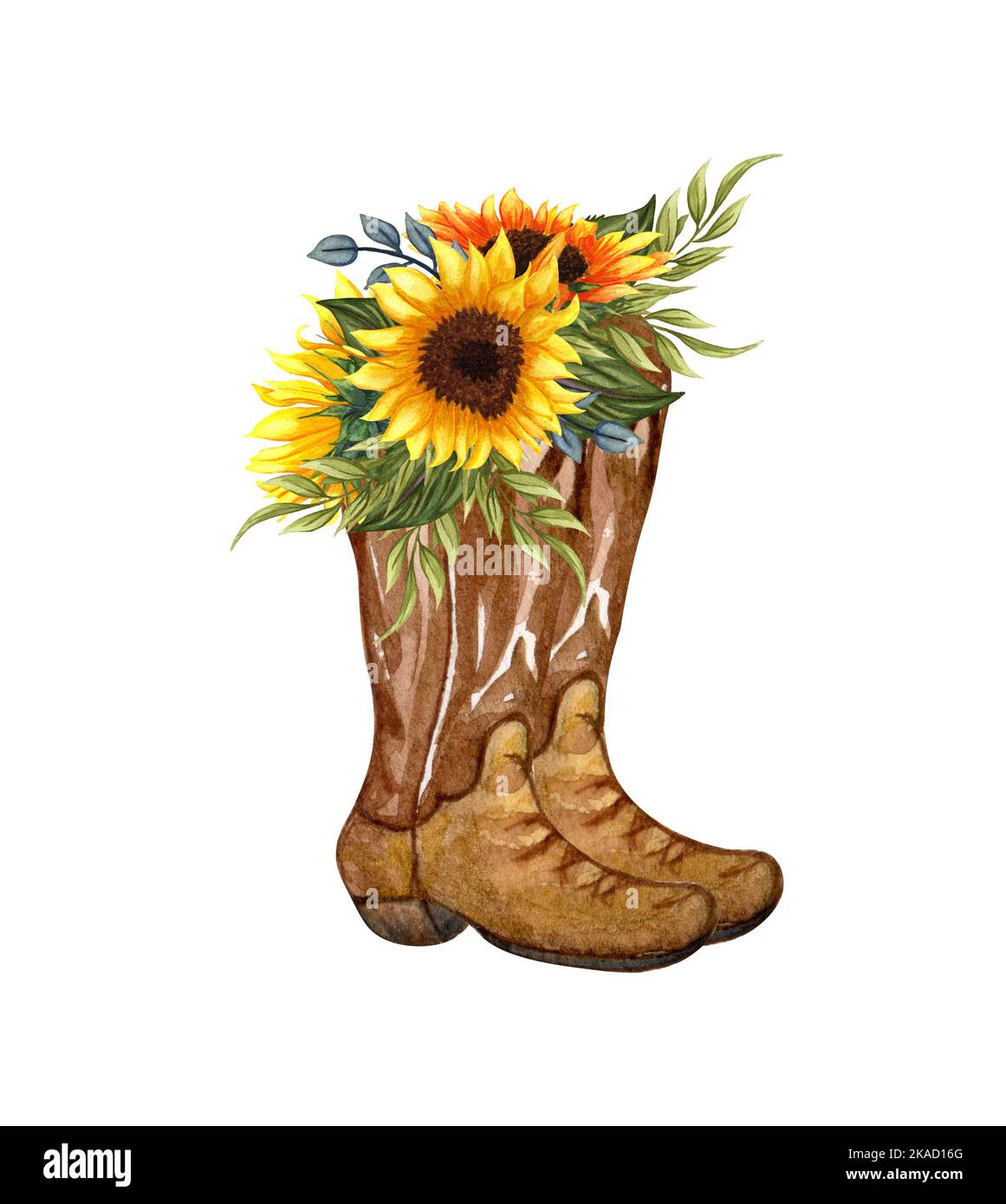 Watercolor Flowers in boots. Cowboy boot and sunflowers. Farmhouse