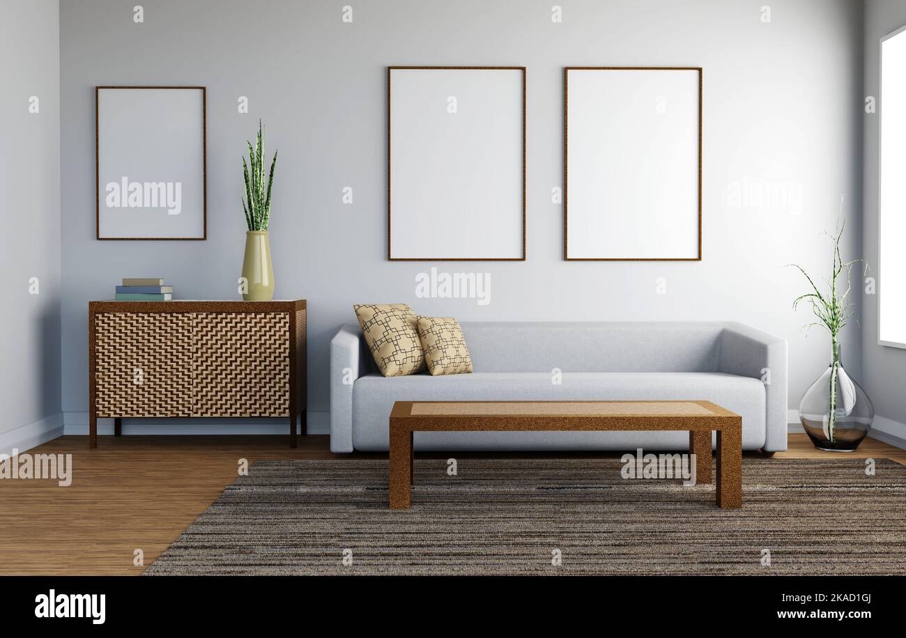 Grey sofa on wooden floor, wooden side table in living room with white wall. 3d illustrations. Stock Photo