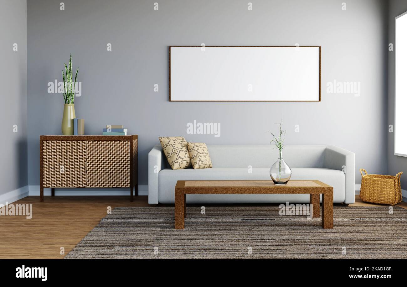 Grey sofa on wooden floor, wooden side table in living room with white wall. 3d illustrations. Stock Photo