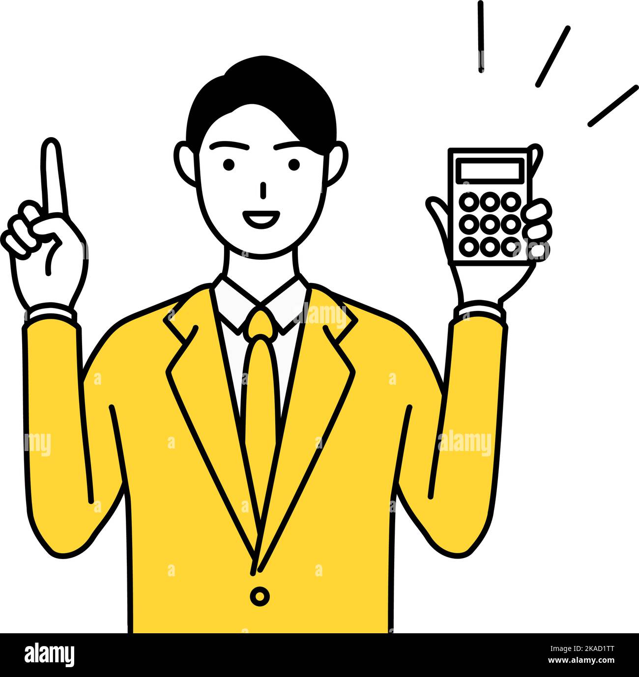 Simple line drawing illustration of a businessman in a suit holding a ...