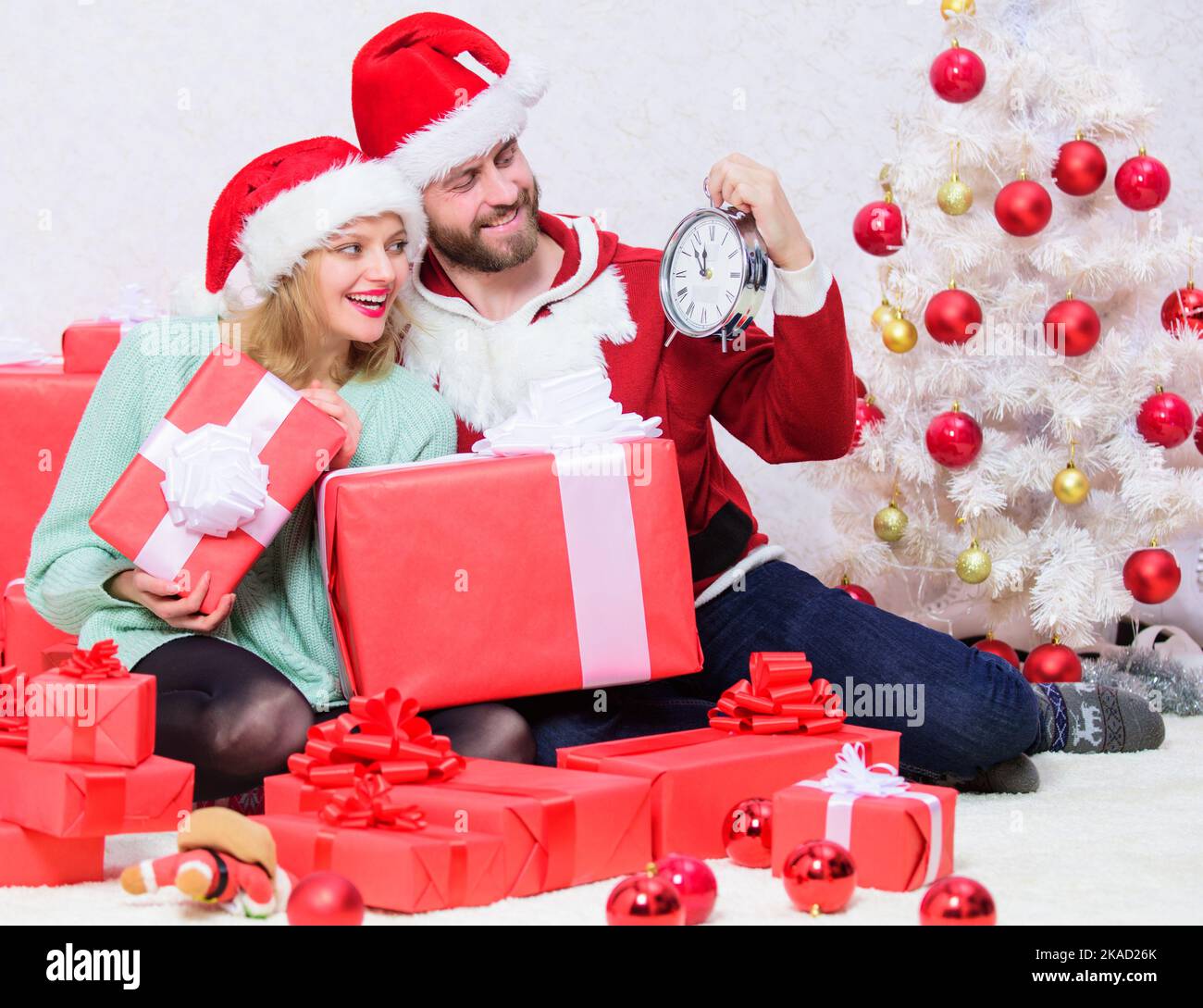 Couple in love enjoy christmas celebration. It is easy to spread happiness around. Happy family celebrate christmas. Christmas fun concept. Couple Stock Photo