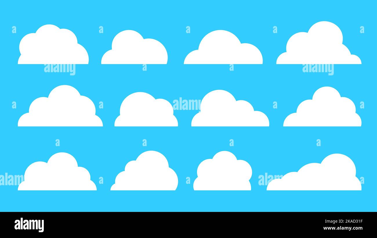 White cute flat clouds set isolated on blue landscape background ...