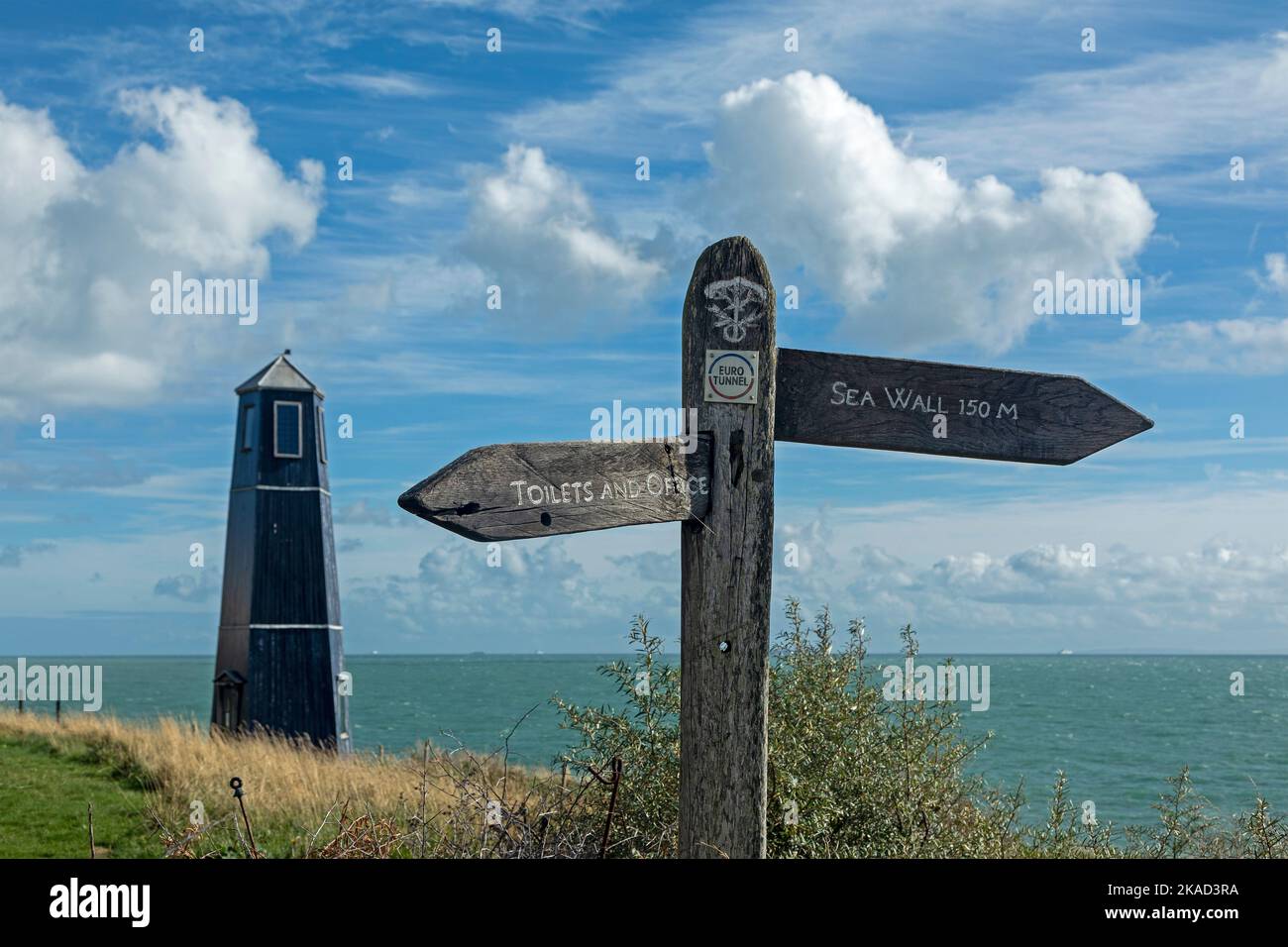 Tower and signpost, Samphire Hoe country park, Kent, England, Great