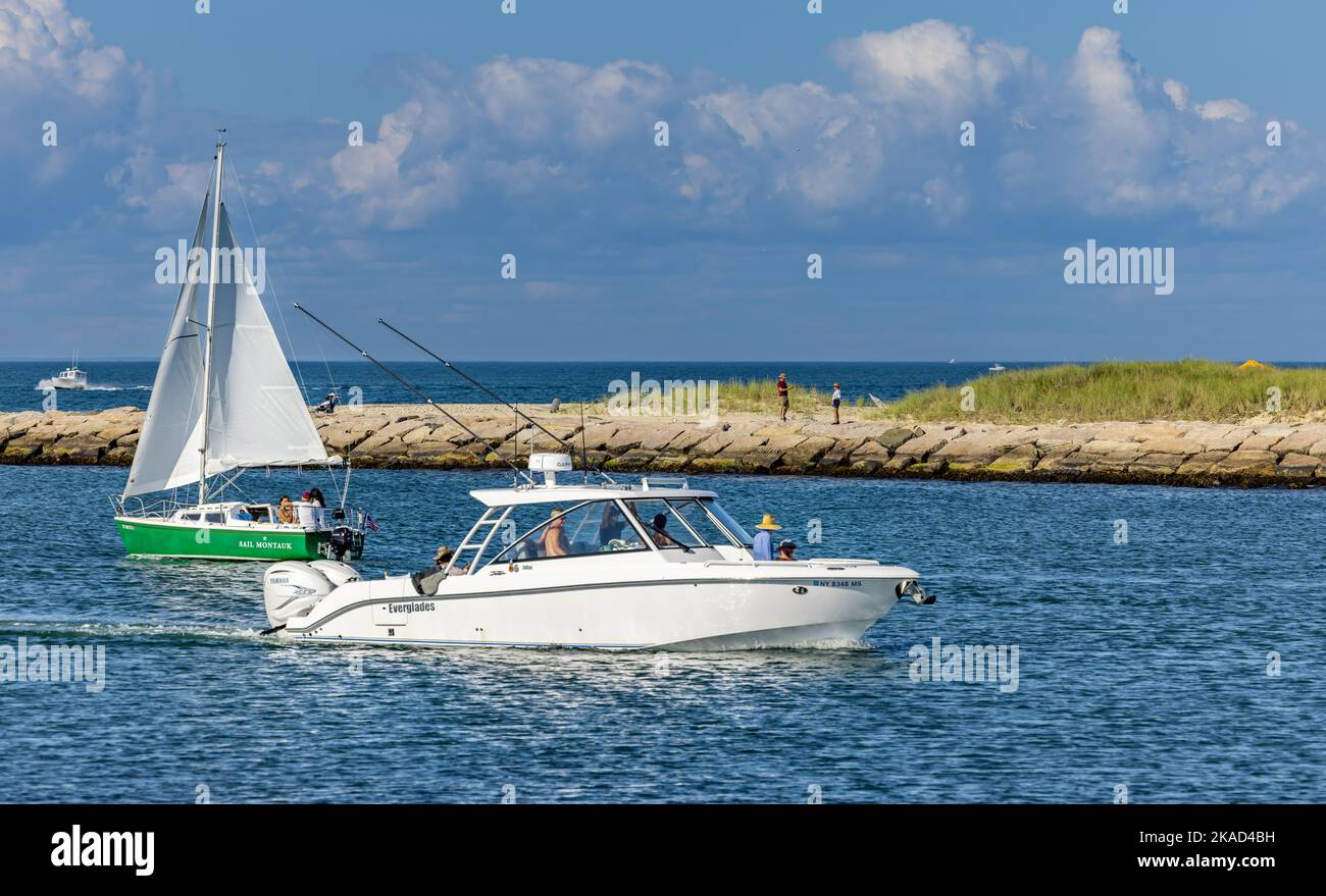 Boats coming and going in Montauk Stock Photo