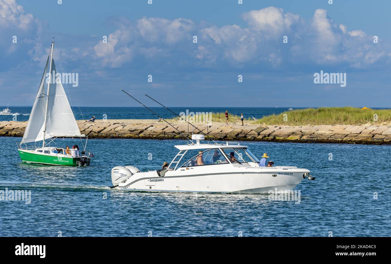 Boats coming and going in Montauk Stock Photo