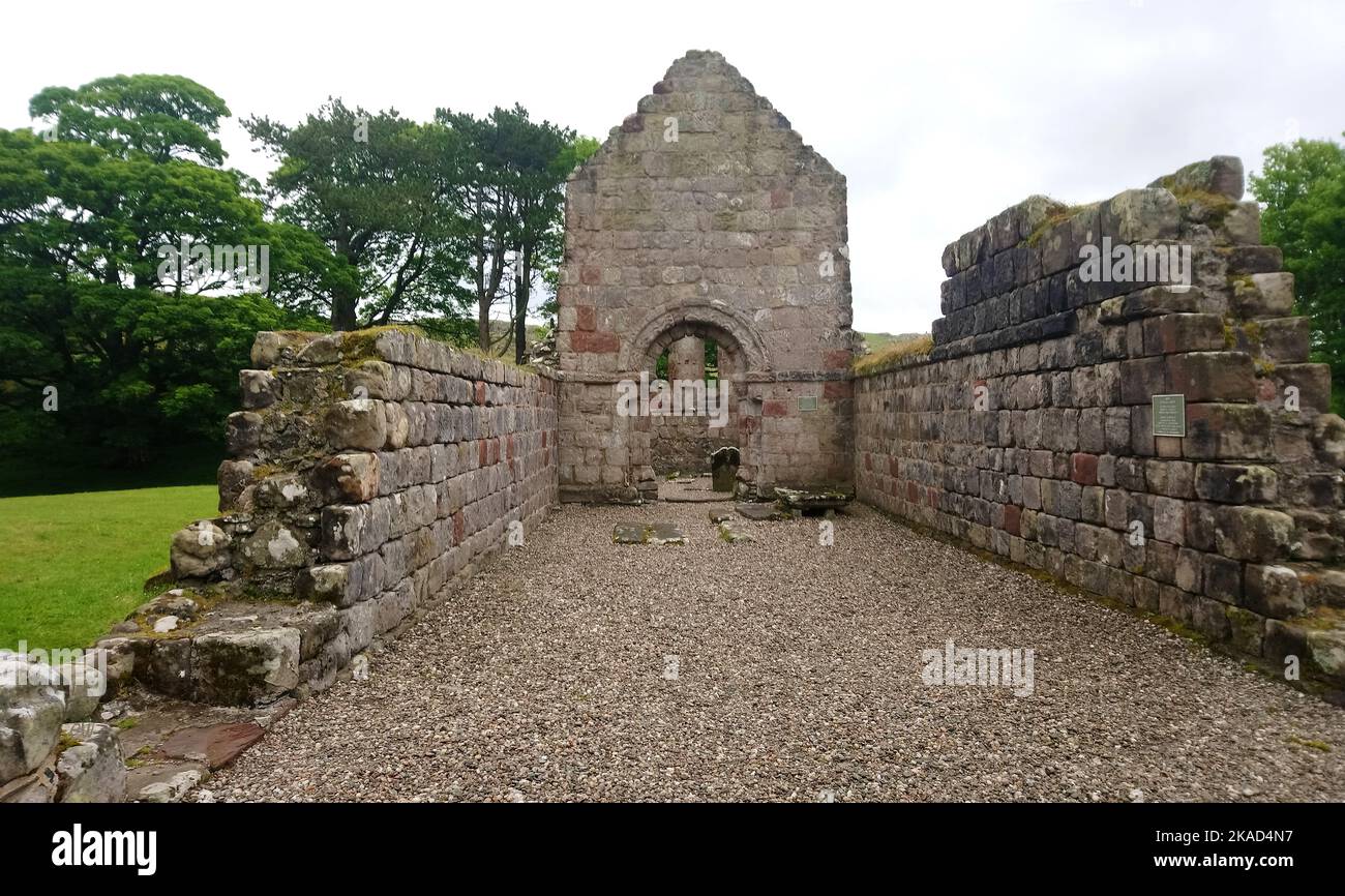 2019 photo - St Blane's Church, Isle of Bute, Scotland. Saint Blane or Bláán was an early Scottish  Christian Pictish bishop  who was born at some unknown date on the Isle of Bute. He died 590 AD . His feast day is the  10th August. He is recognised also by the Scottish Episcopal Church, the  Roman Catholic Church and the Eastern Orthodox Church. The double burial ground is said to be for males and females, though other authorities think the upper one was for monks whilst the lower one was for the laity. St Blane is said to be buried in the upper graveyard. Stock Photo