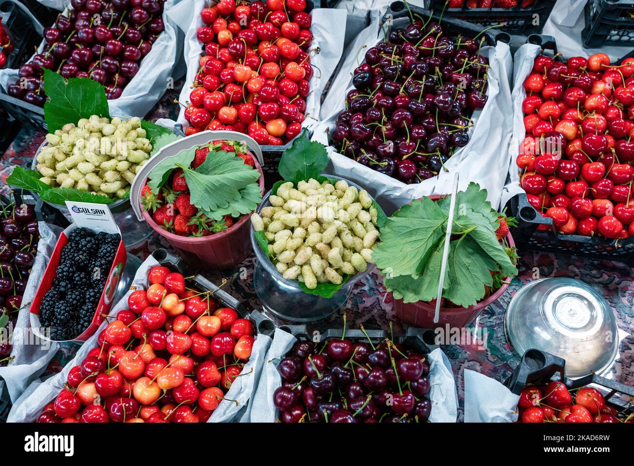 Green Market in Baku. Fresh fruit and vegetables at a traditional food bazaar. Baku, Azerbaijan. Stock Photo