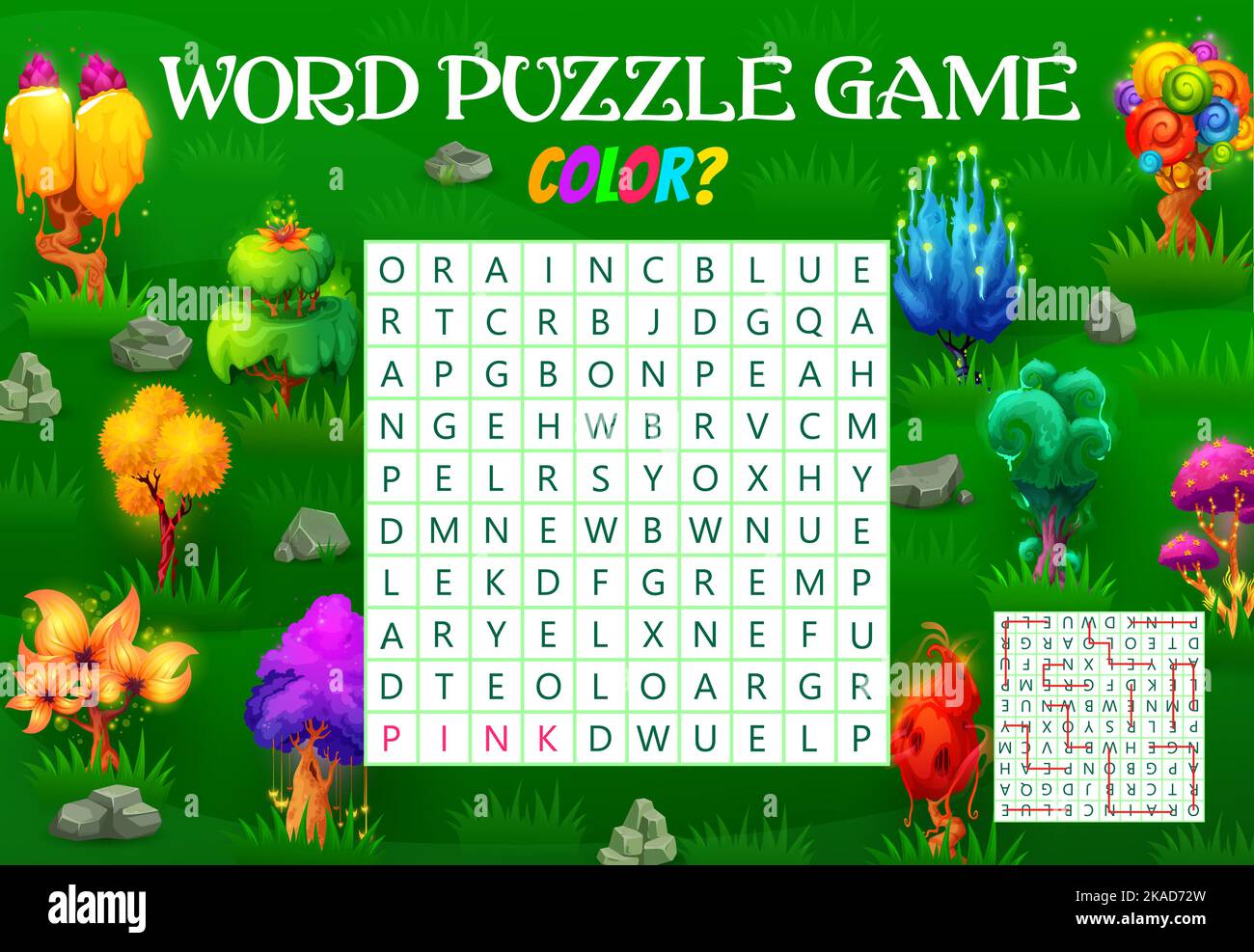 Word search puzzle game find a color of magic tree Vector worksheet