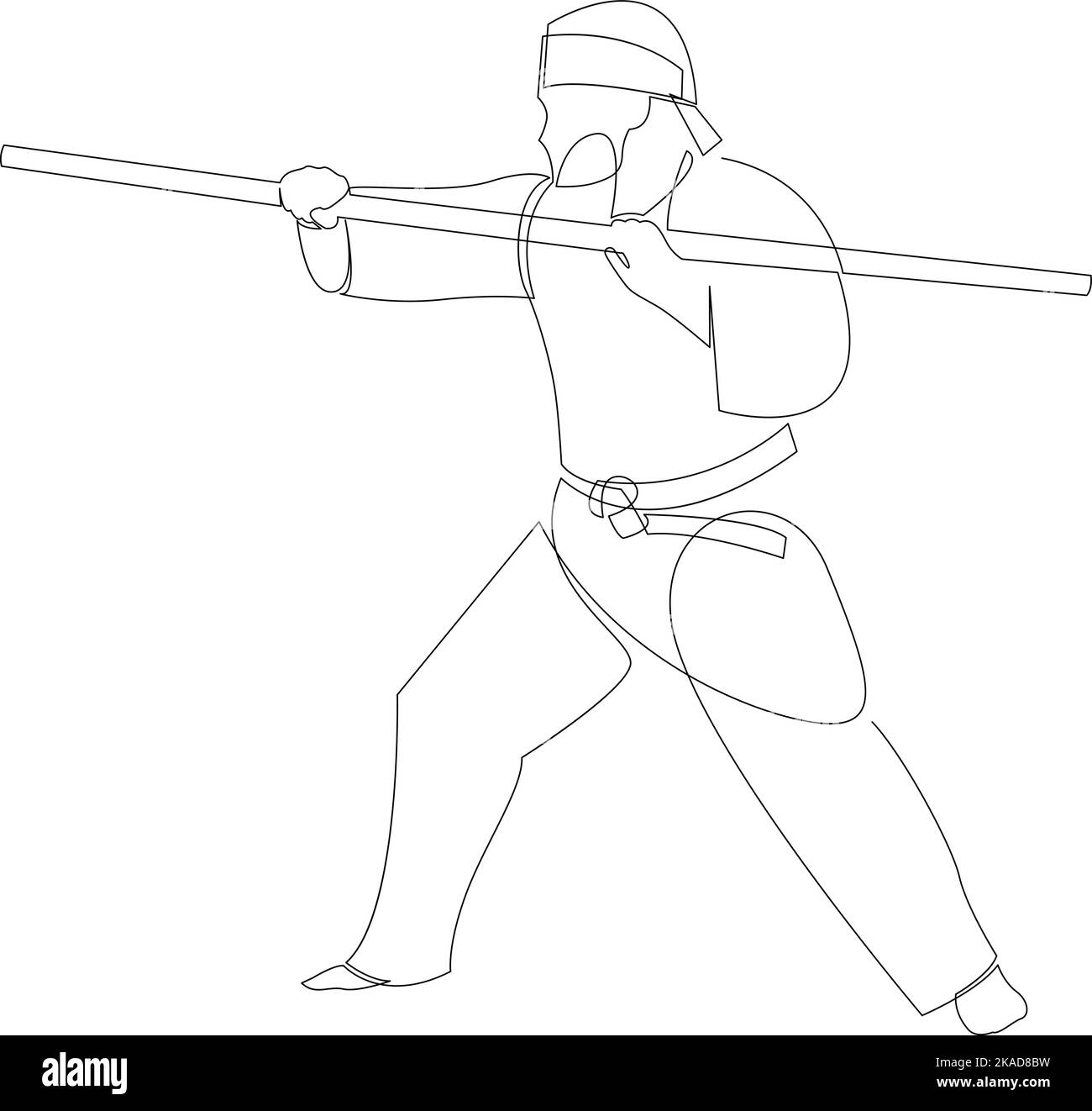 Continuous line drawing of young wushu master man, kung fu warrior in kimono with long staff on training. Martial art sport contest concept. Dynamic o Stock Vector
