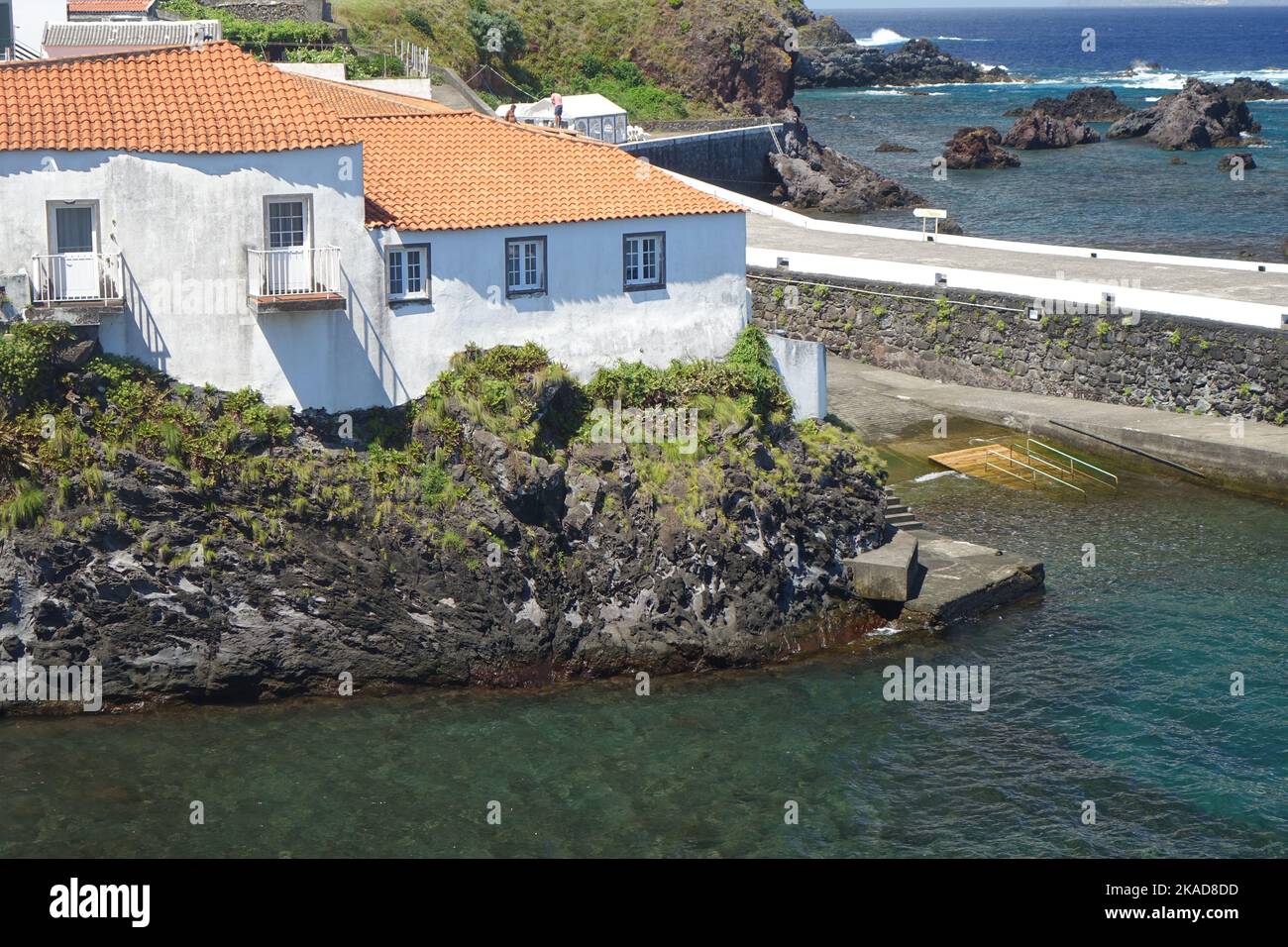 A bird's eye view of the traditional houses of Corvo island in bright