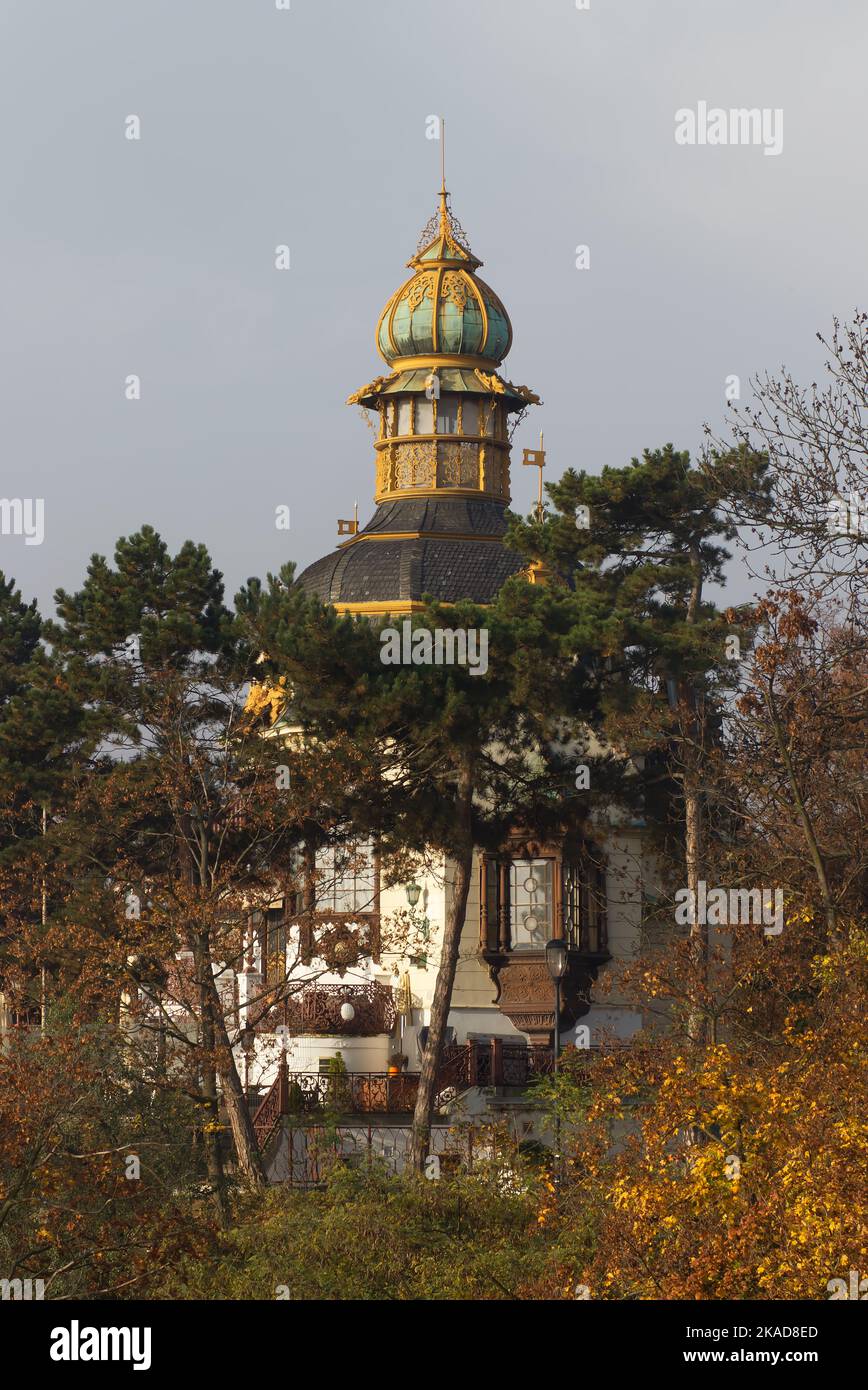 Prague - October 30: View of the Hanavský pavilion rising out of the morning mist on November 30, 2022 at Vltava riverbank in Prague, Czech Republic. Stock Photo