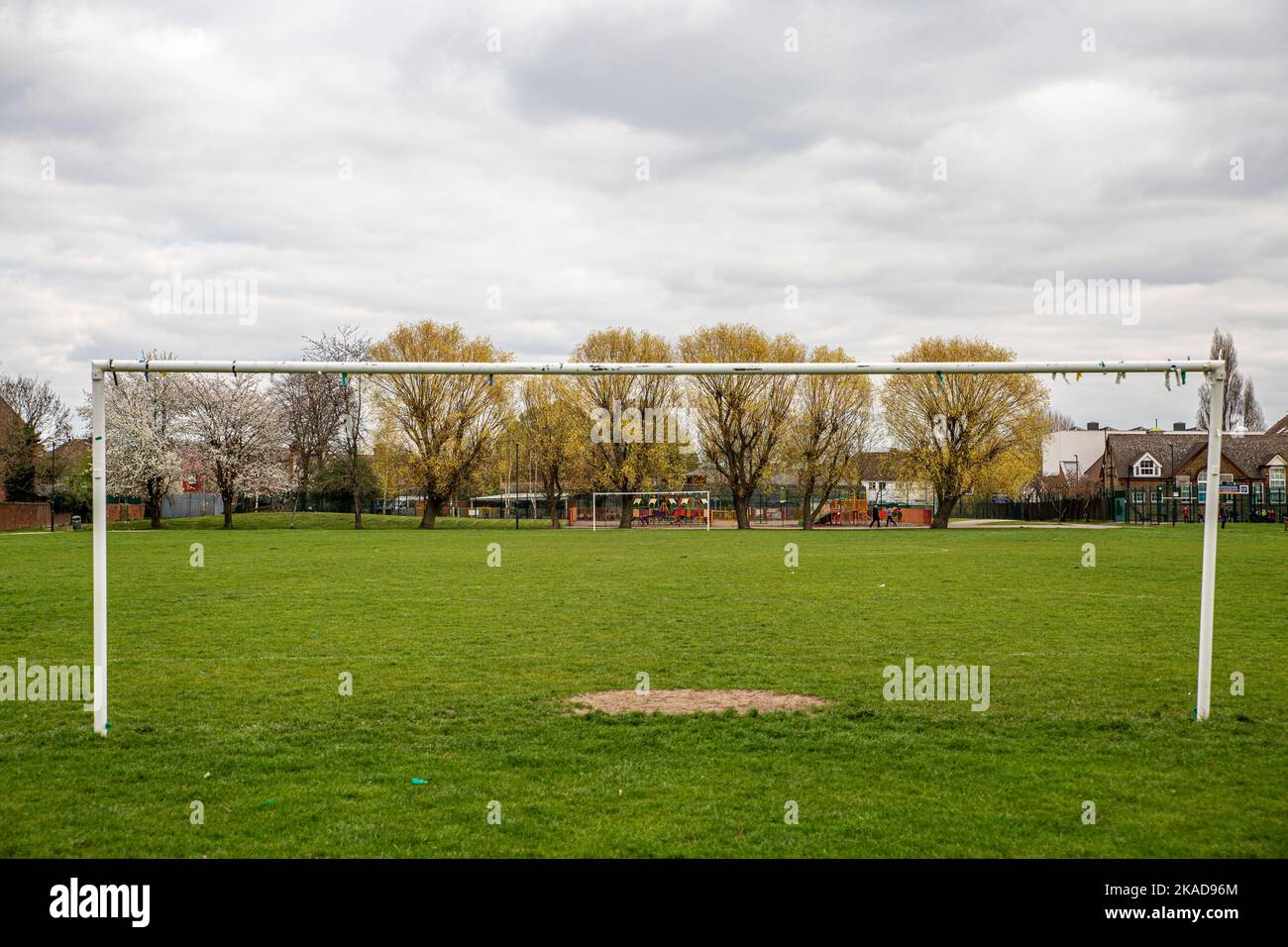 Old football goal on the field Stock Photo Alamy