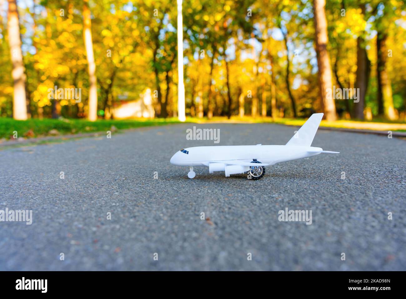 Toy aircraft in the park, selective focus. Cheap flight season concept. Stock Photo