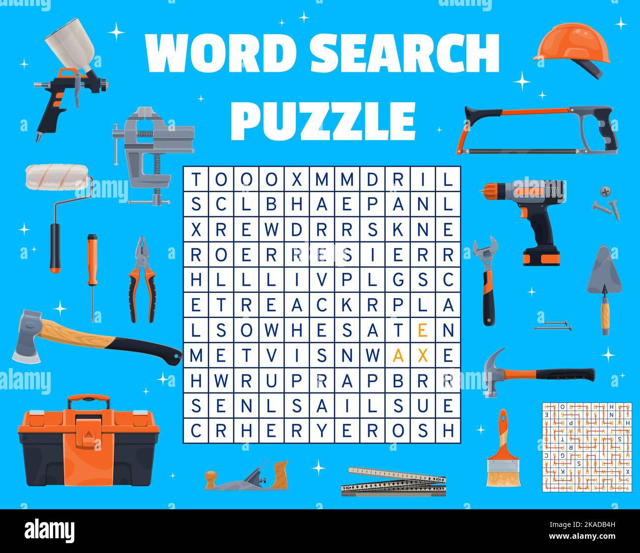 Construction industry and DIY tools, word search puzzle game worksheet