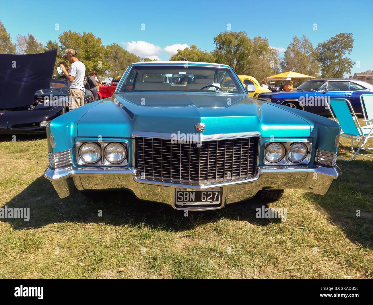 Old blue luxury Cadillac DeVille sedan four door 1970 in the countryside. Front view. Grill. Nature, grass, trees. Classic car show. Stock Photo