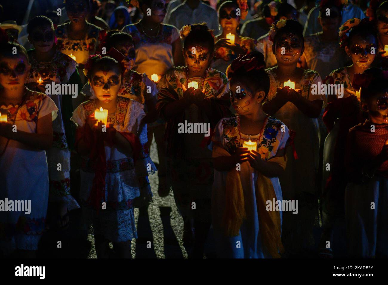 Progreso, Mexico. 1st Nov, 2022. Persons dressed with colorful regional clothing and painted