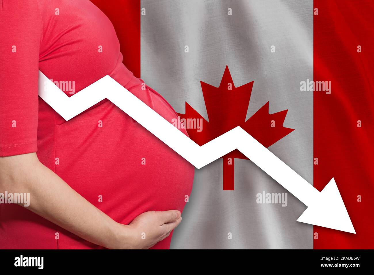 Canadian pregnant woman on Canadian  flag background. Falling fertility rate in Canada Stock Photo