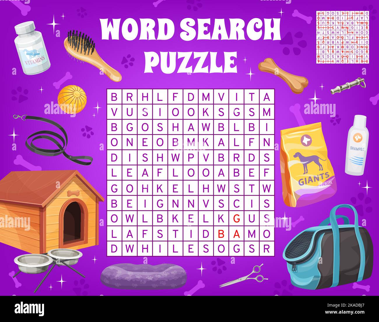 Dog and puppy pet care accessories on word search puzzle game worksheet