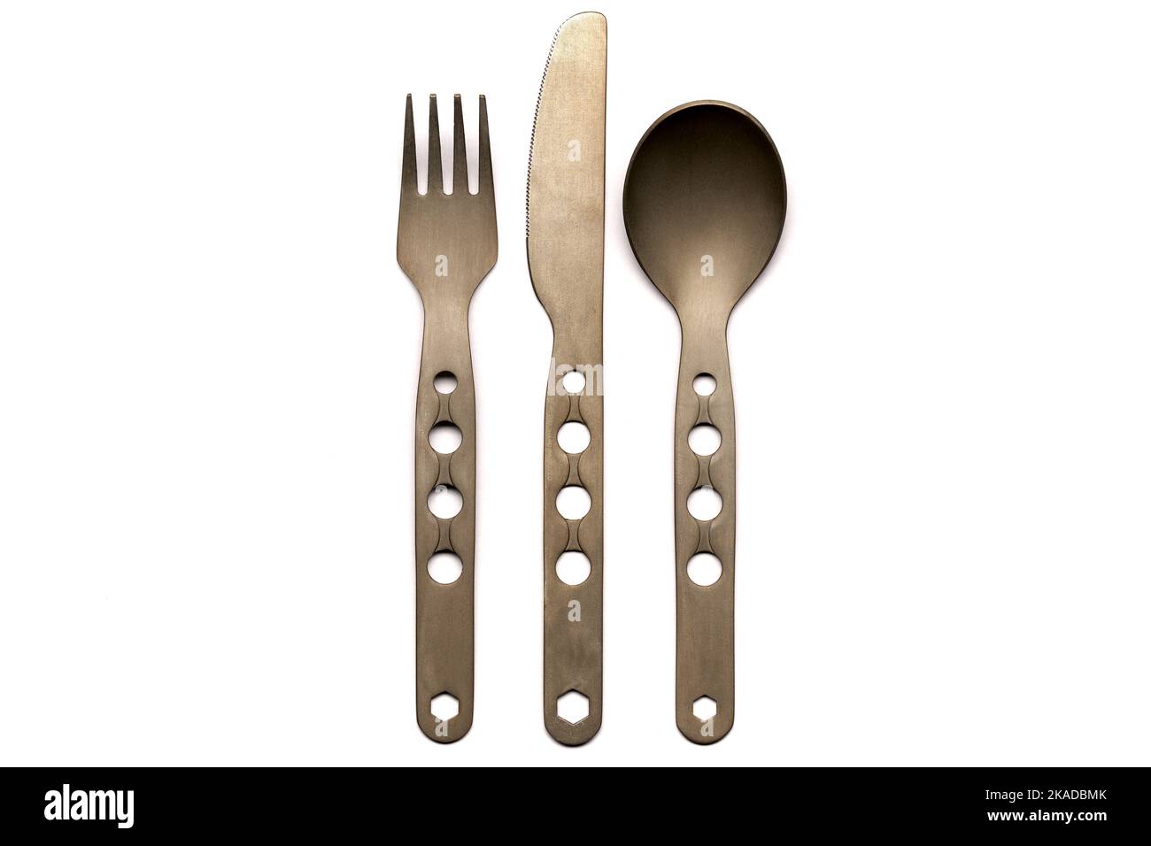 Titanium Camping Utensil Set of Knife, Fork, and Spoon on a white