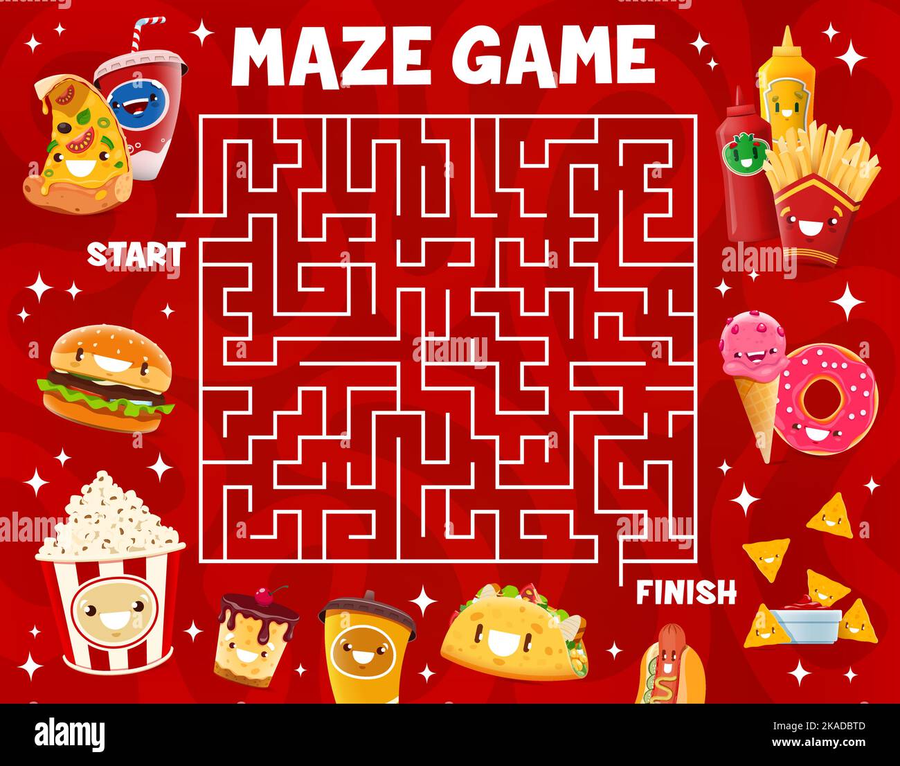 Labyrinth maze game. Cartoon takeaway fast food characters. Kids find way  quiz, search path vector worksheet