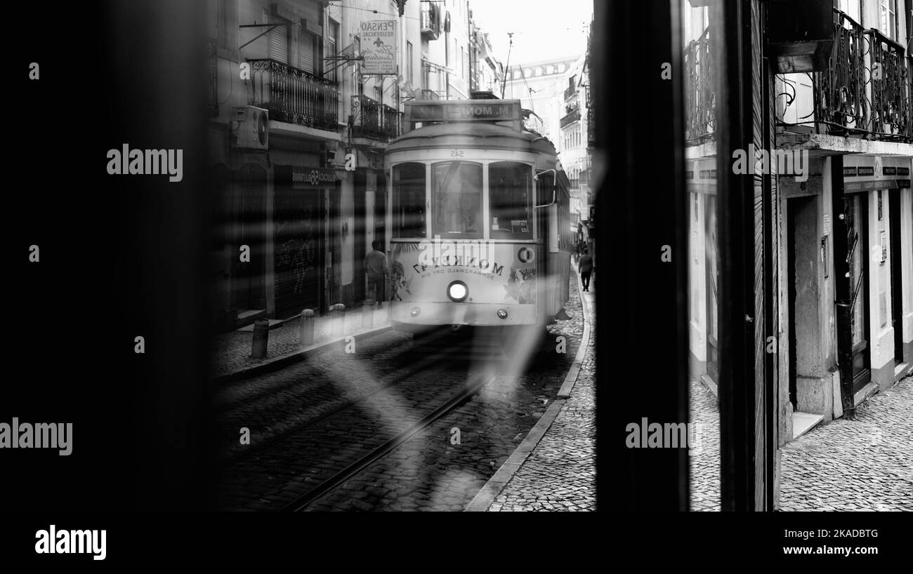Reflection in a shop window of a Lisbon Tram, Portugal Stock Photo