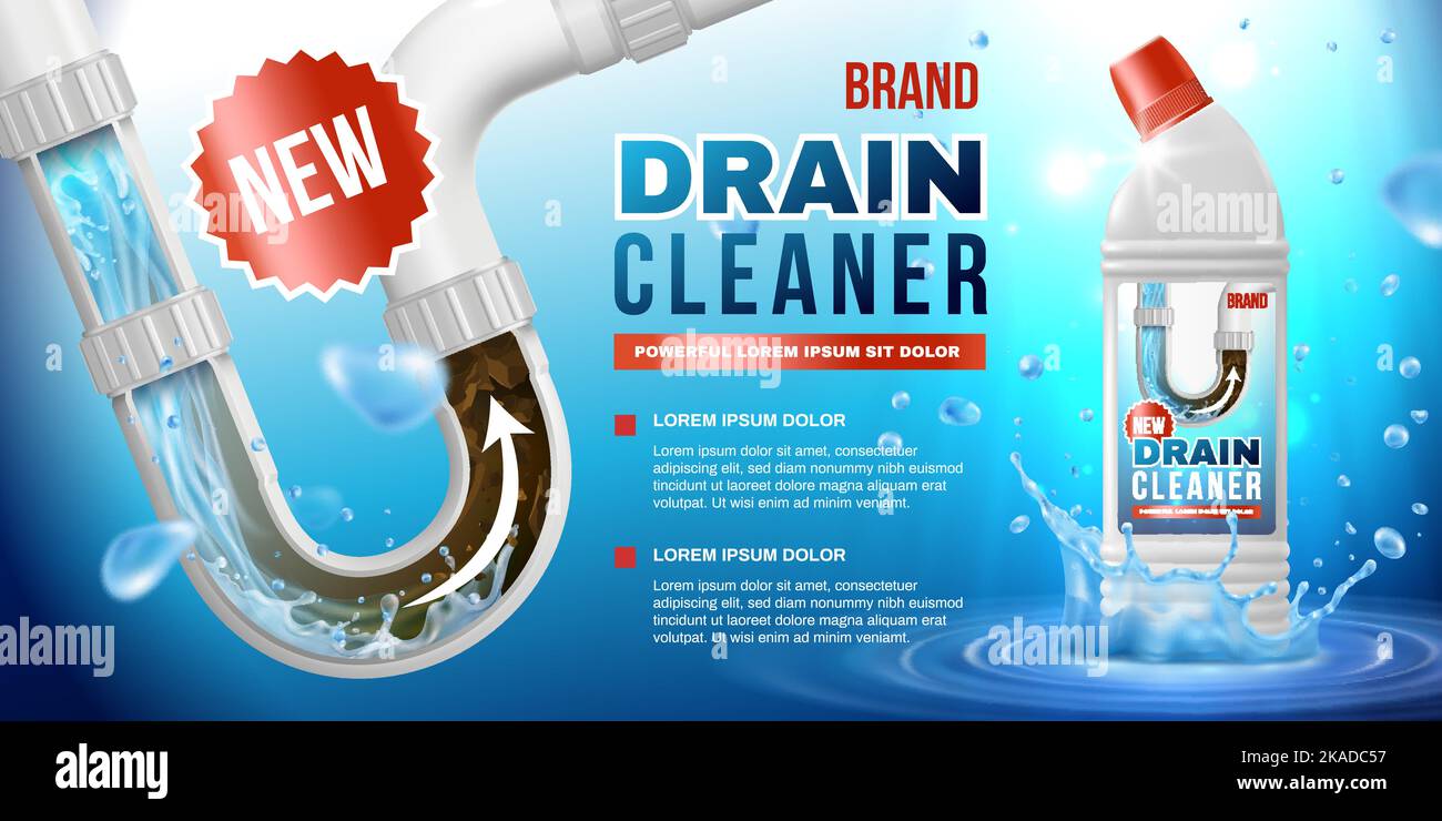 Drain pipe new cleaner ad poster with plastic bottle mockup and sewer