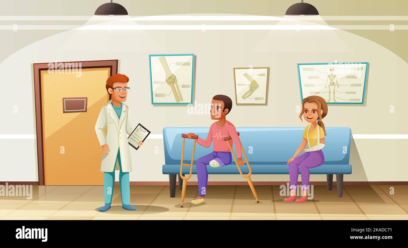 Disabled people man with amputated leg and woman with broken arm in waiting room with doctor cartoon vector illustration Stock Vector