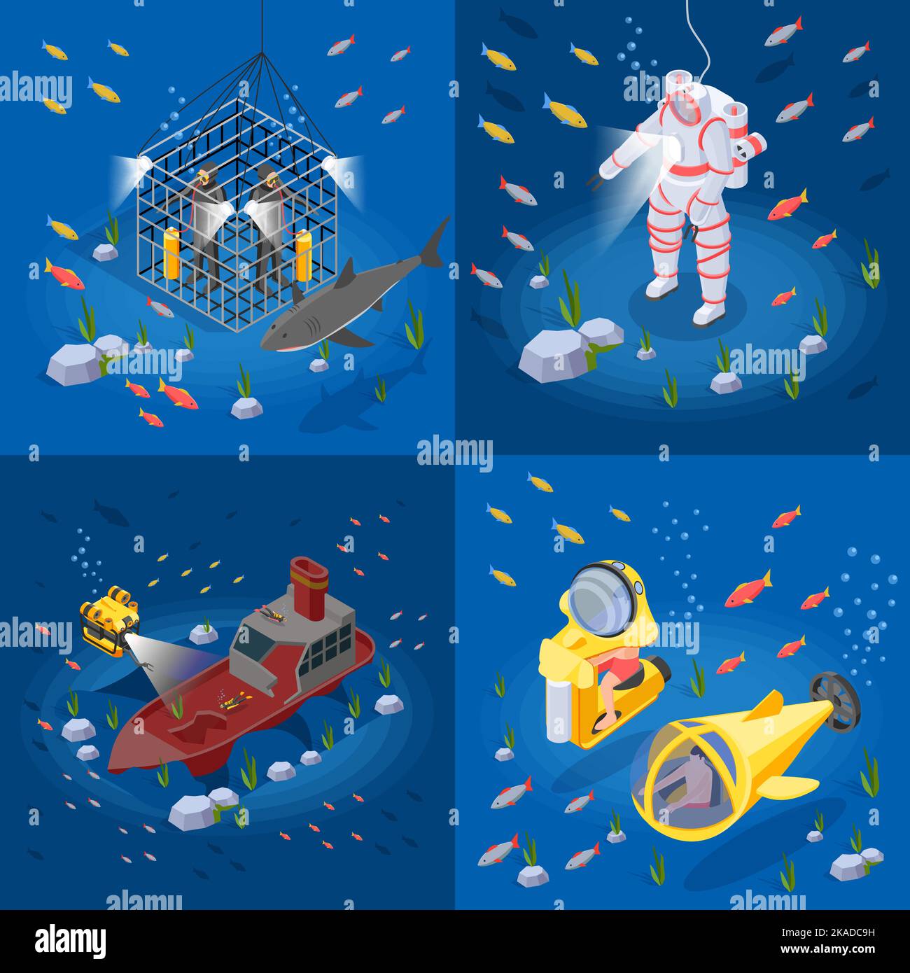 Diving isometric 2x2 design concept set of equipment for studying of ...