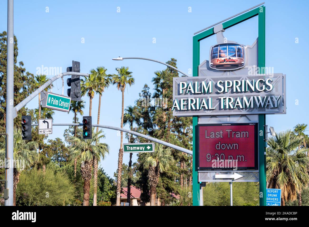 A 'Palm Springs aerial tramway' sign in daylight in California Stock Photo