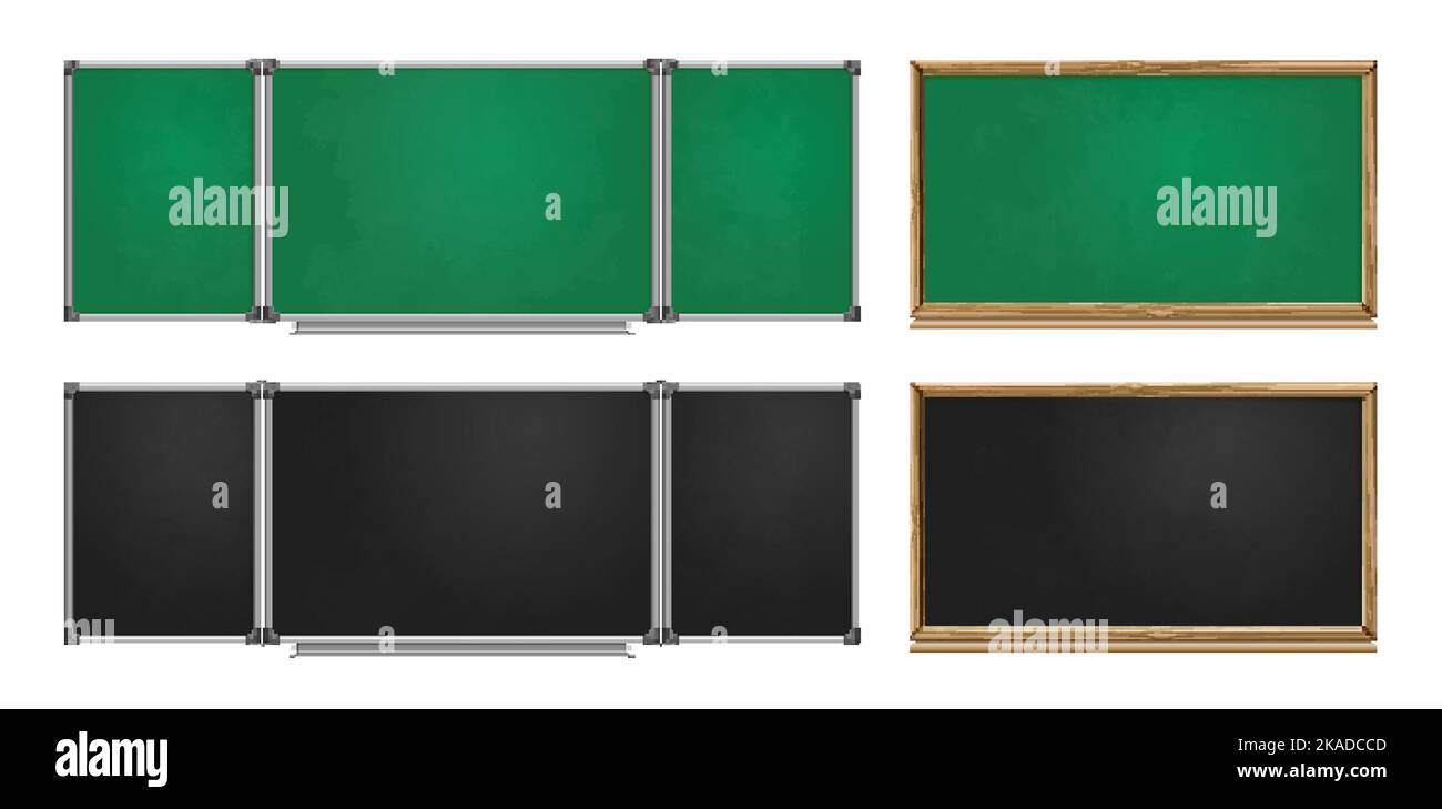 Set of realistic  school green and black chalkboards with wooden frame for classroom isolated vector illustration Stock Vector
