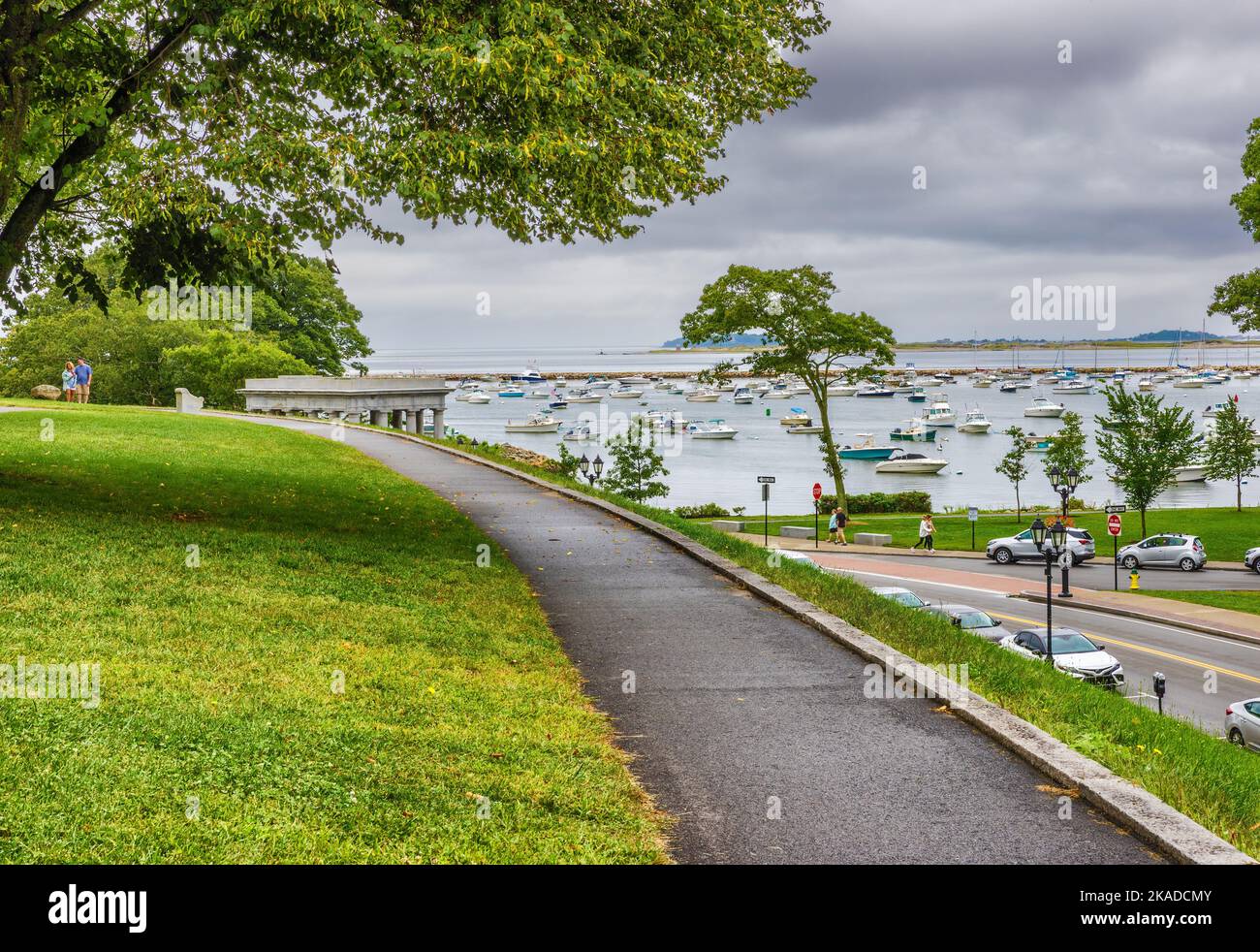 Plymouth, Massachusetts, USA - September 12, 2022: . View of the harbor under cloudy skies walking the path up to Coles Hill. Stock Photo