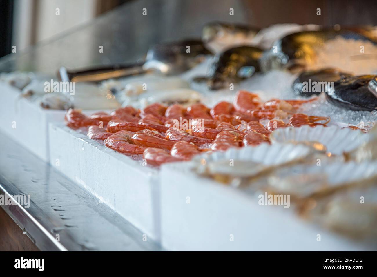 Pile of fresh red shrimps for sale on the seafood market, seafood on ice. Stock Photo