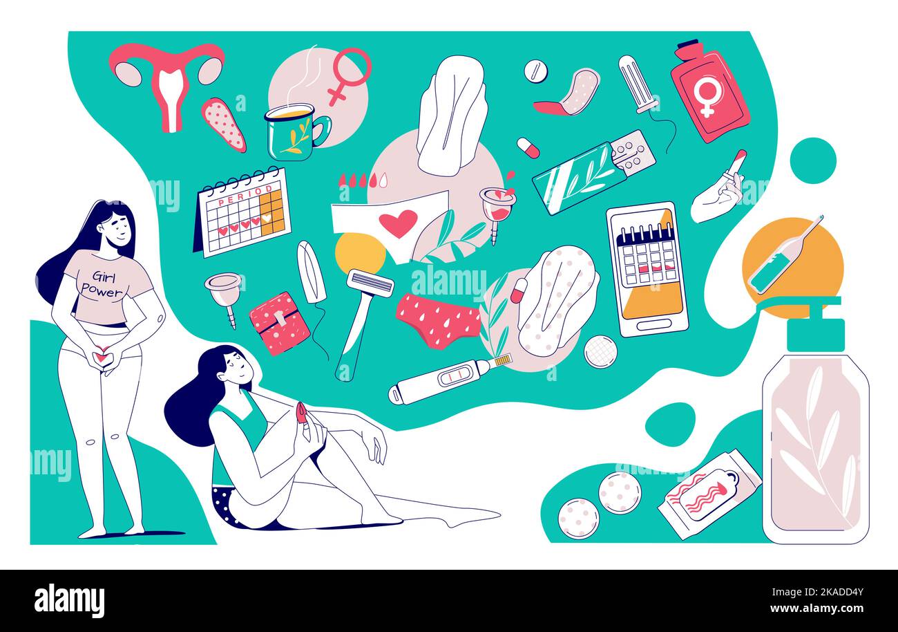 Feminine hygiene flat composition witn sketch style female bodies